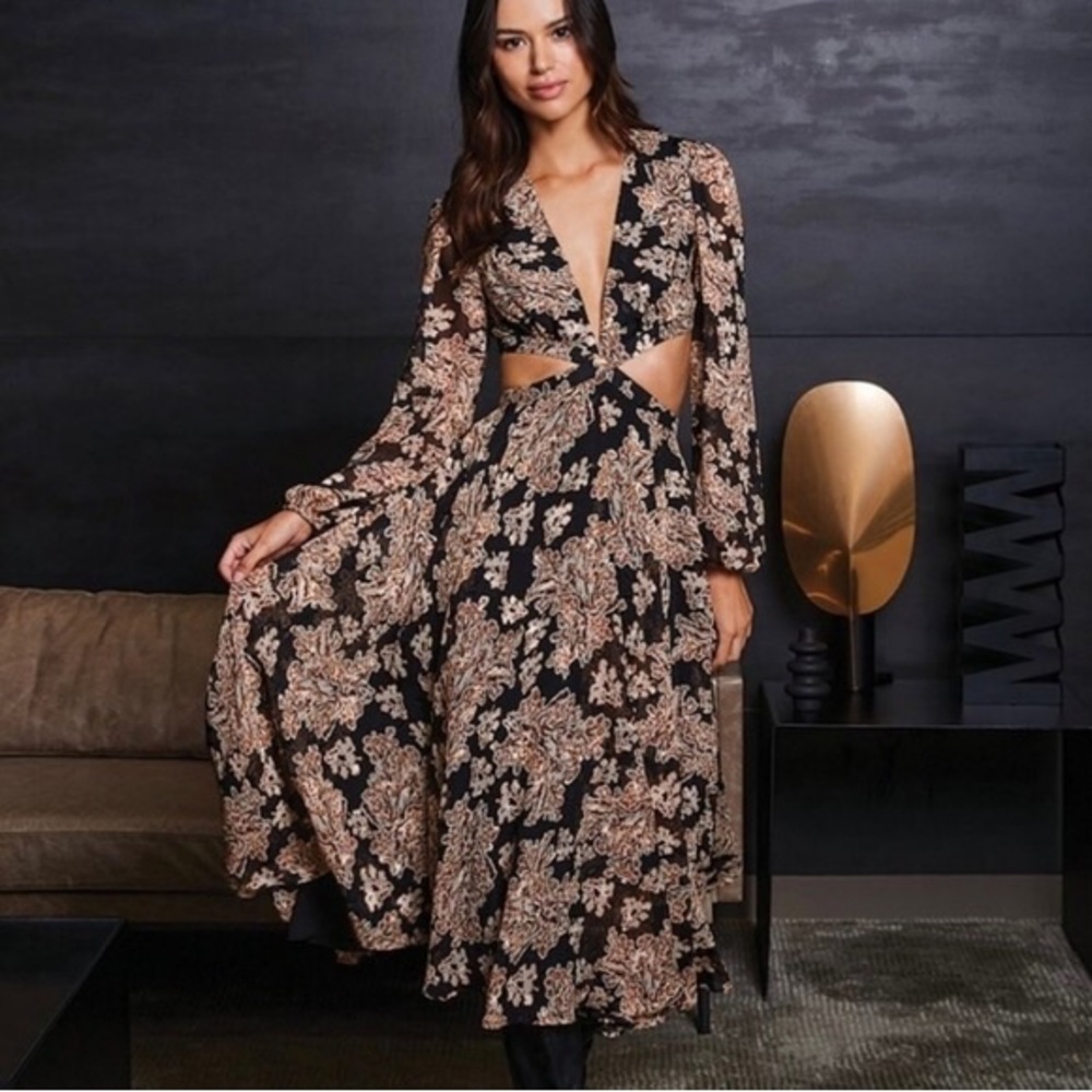 GIANNI BINI Marisol Black Floral Cutout Midi Dress Long Sleeve Boho Fall Size 0